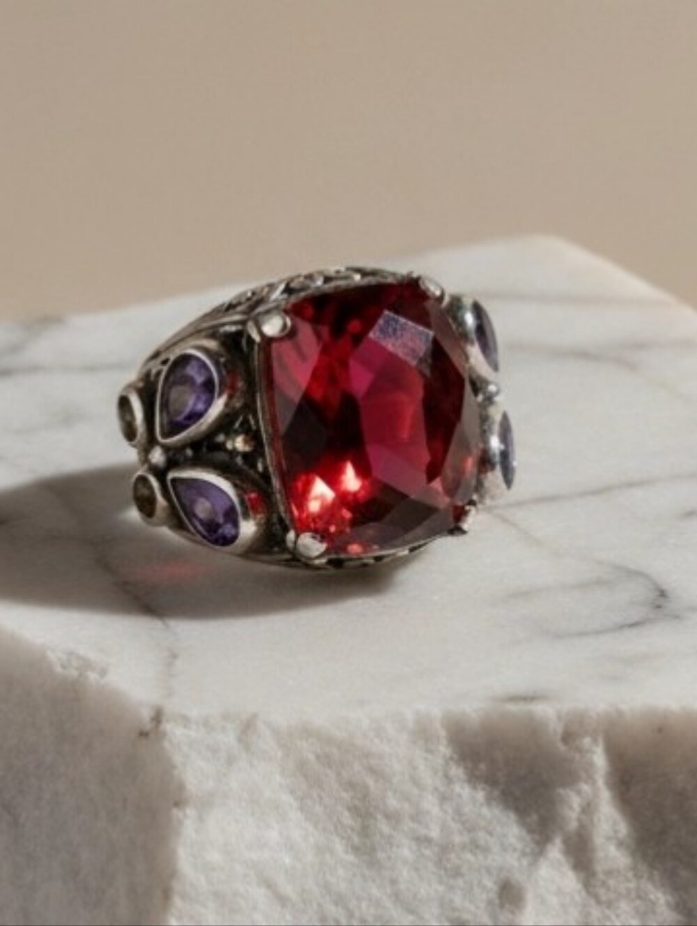 Mystic Quartz Ring Sz 5.5 Sterling Silver Amethyst Citrine Brown Stones Ornate